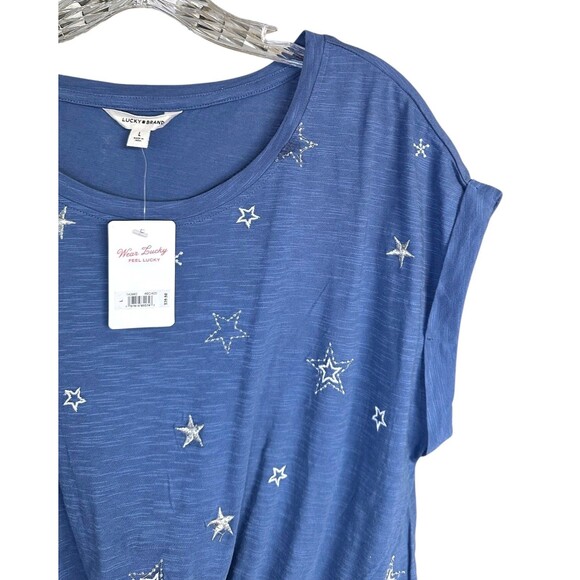 Lucky Brand Women's Short Sleeve Twist Front Top Stars Print Cotton Size L Blue - Picture 4 of 8
